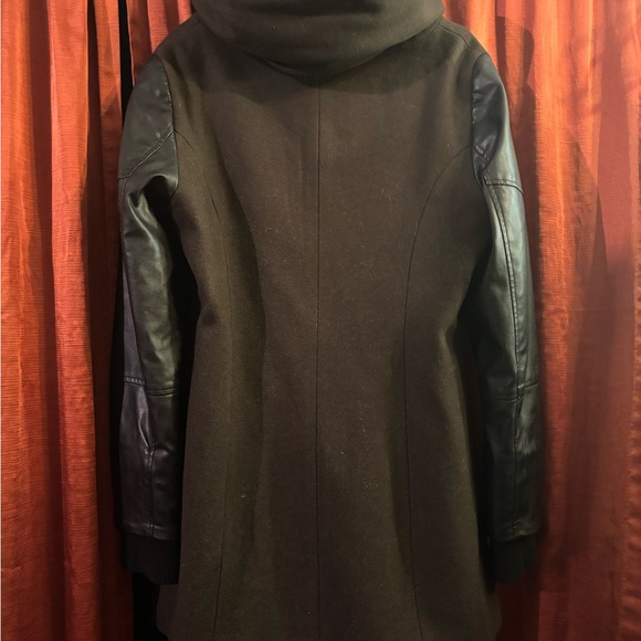 Twik Black Double-Breasted Wool Coat with Leather Sleeves - Picture 2 of 3